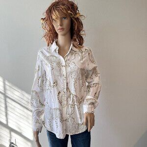 Jane + Delancey White Button Up Long Sleeve Convertible Shirt Wild Cats Sz S